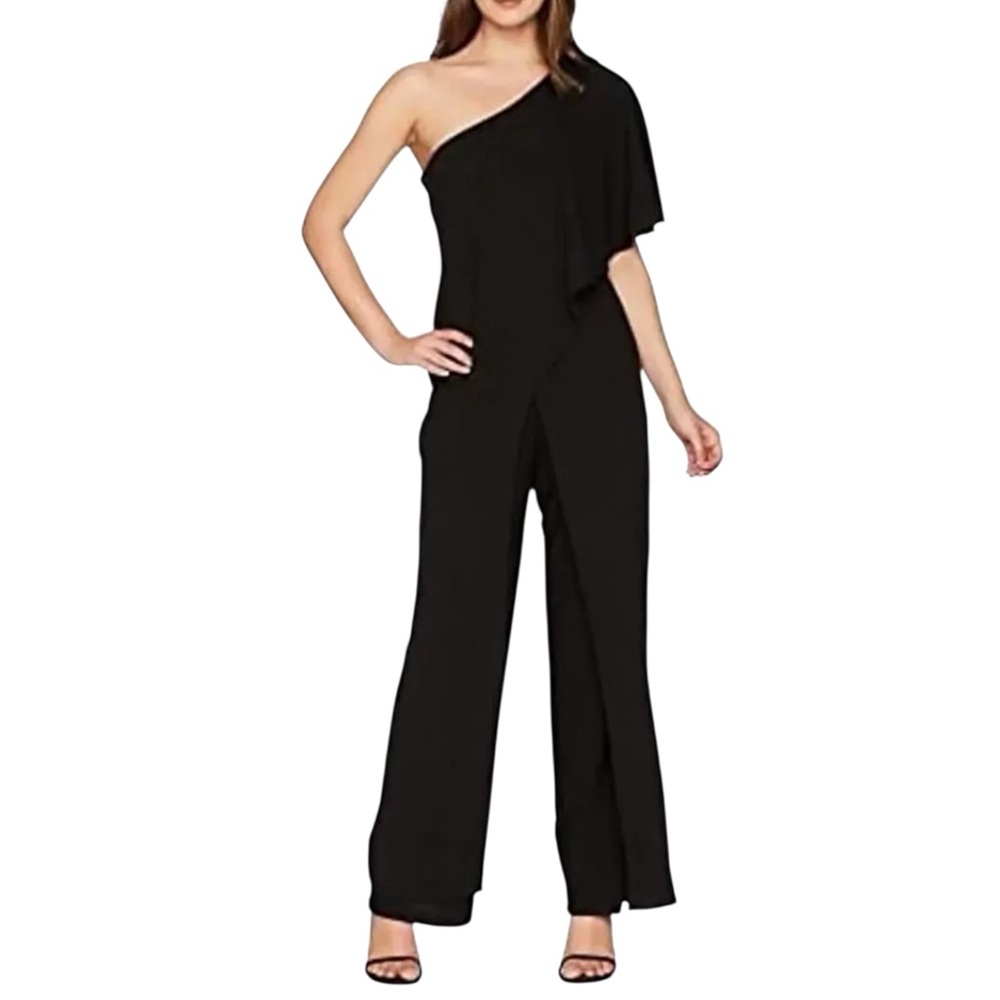NWT Marina Black One-Shoulder Flutter Sleeve Wide Leg Jumpsuit Fits M to L